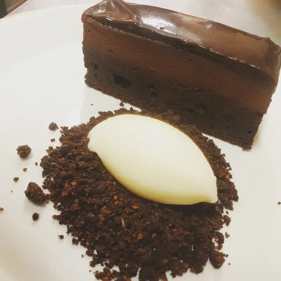 creation thumb for Chocolate orange brownie, mousse and glaze, creme fraiche sorbet
