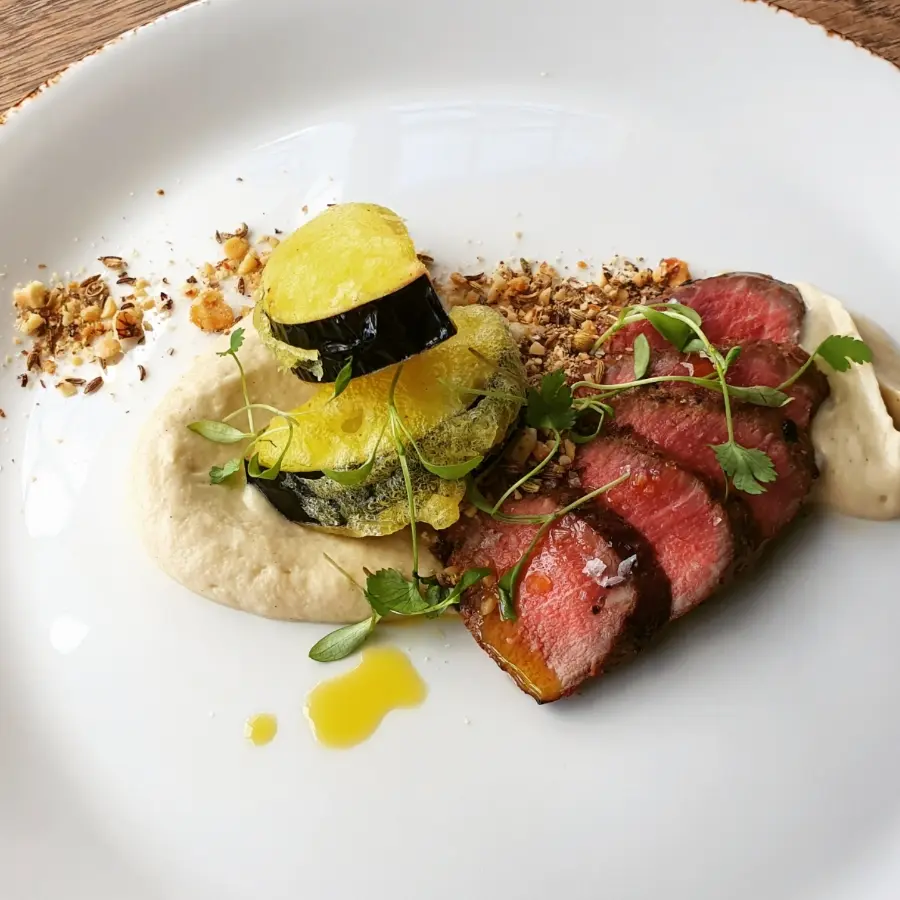 creation thumb for Oak smoked hogget loin, baba garnish, tempura aubergine