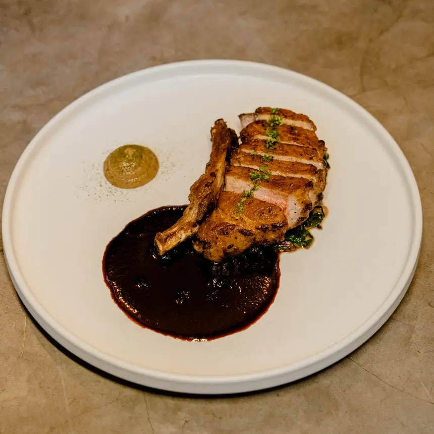 creation thumb for Iberico pork rack/ blue berry sauce/ burn cauliflower puree