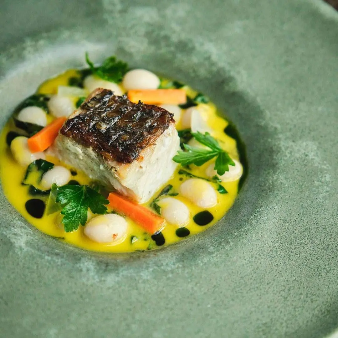 creation thumb for Black Bass, olive oil braised sweet beans, fish & olive oil