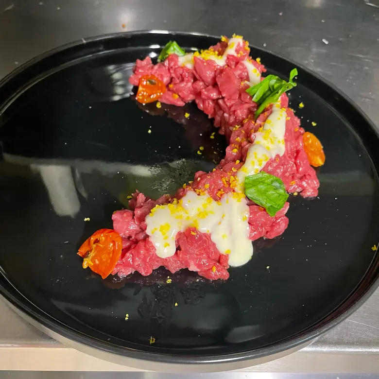 creation thumb for Maremmana tartare, marinated egg yolk and pecorino cream.