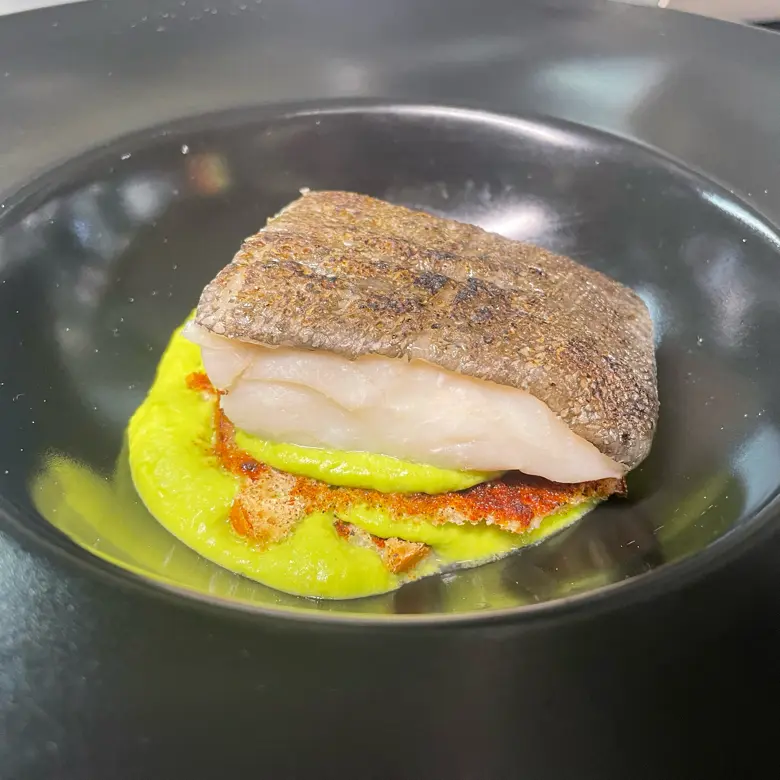 creation thumb for Cod, paprika bread wafer and pea cream.
