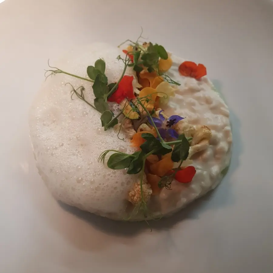 creation thumb for Vegan-coconut rusotto, horseradish foam, crispy vegetables.