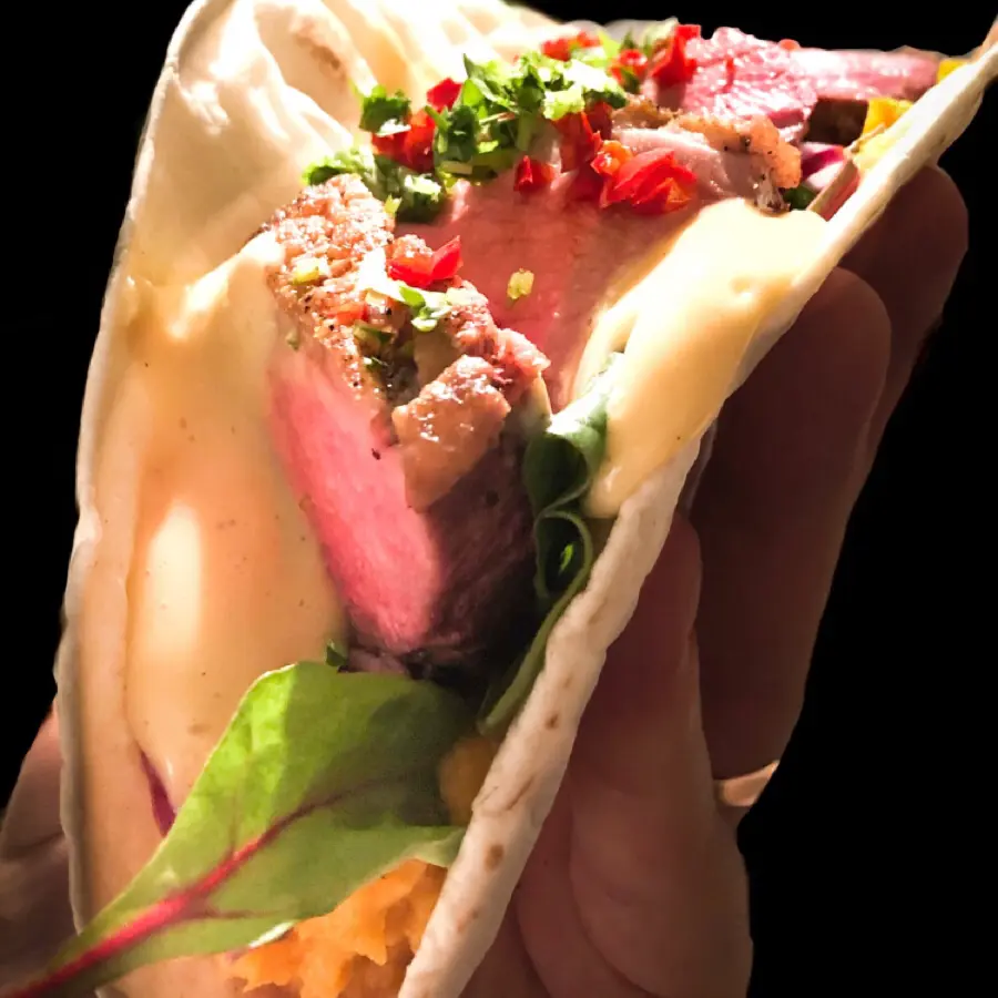 creation thumb for Duck taco. Duck, sweet potato purée, pickled onions, cilantro, marinated chilli, miso mayonnaise
