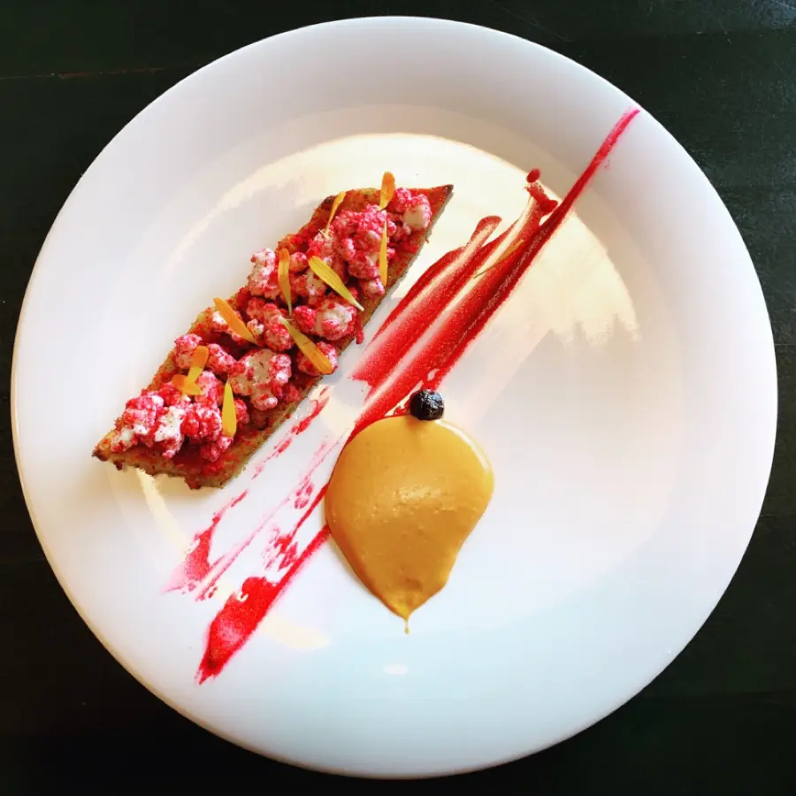 creation thumb for Plantain / fake goad cheese popcorn / emulsion miso spicy / black garlic