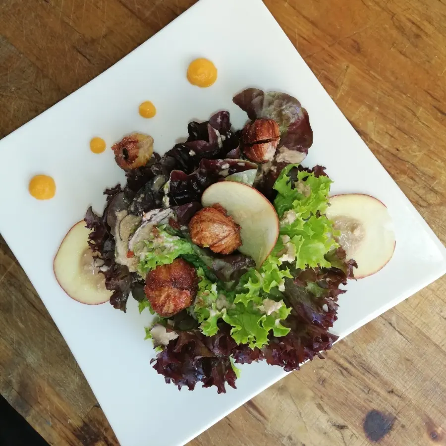 creation thumb for Glazed Chestnuts on lettuce with walnut vinaigrette and carrot puree