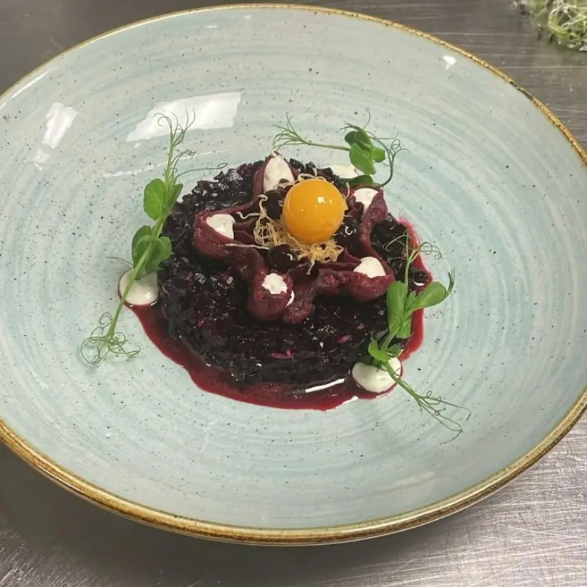 creation thumb for Beetroot tartare with waffle and egg yolk sphere