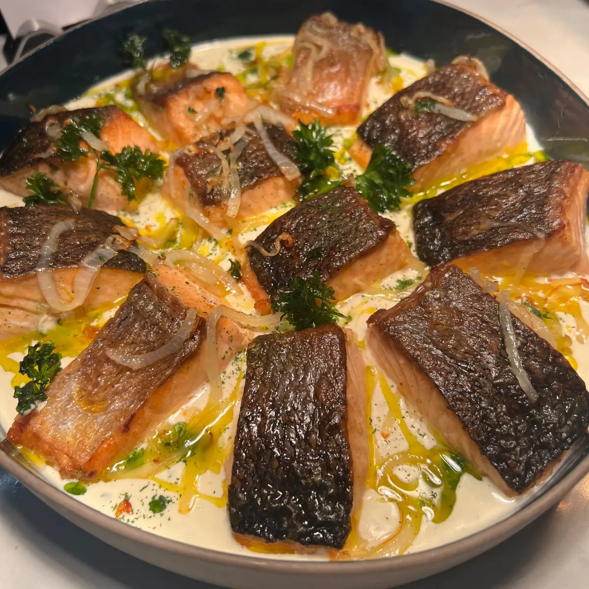 creation thumb for Pan-Seared Salmon with Lemon butter sauce & pumpkin oil.