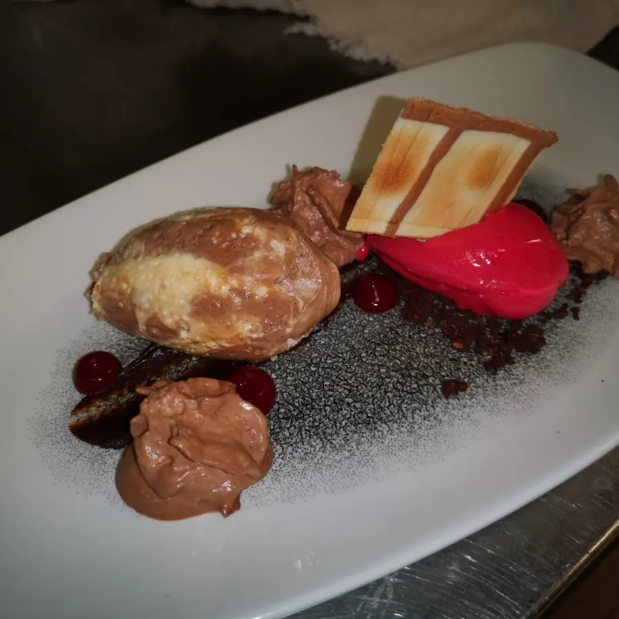 creation thumb for Marmoriertes Schoko Moussé mit Himbeersorbet, Ganache, Schokoschaum, Himbeergel und Hippe 