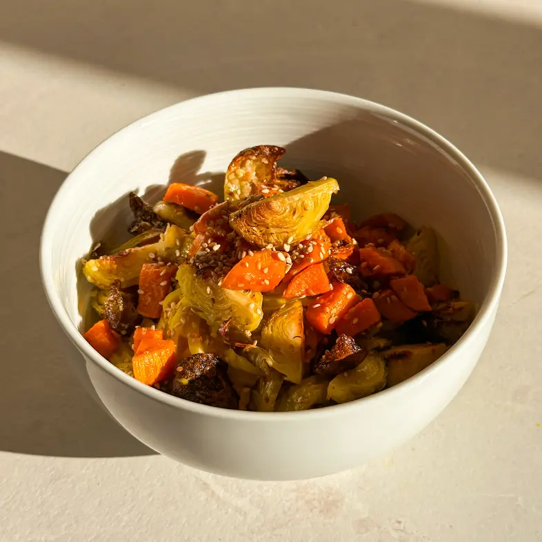creation thumb for Golden Miso Rice Noodles roasted Brussels sprouts