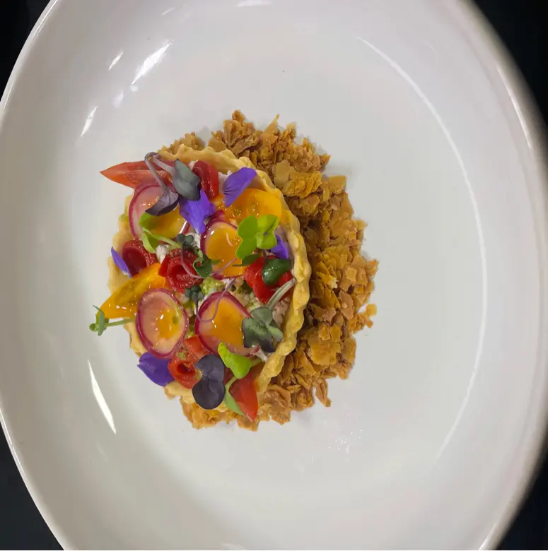 creation thumb for “Crispy tuile base, fresh seasonal vegetables, pickled radis