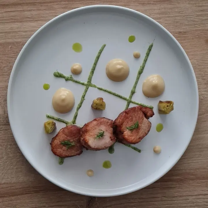 creation thumb for Tenderloin pork, pureed leeks, celery cream, dill oil,