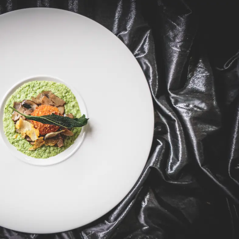 creation thumb for Fried egg yolk / broccoli / porcini / dried sage / parmesan