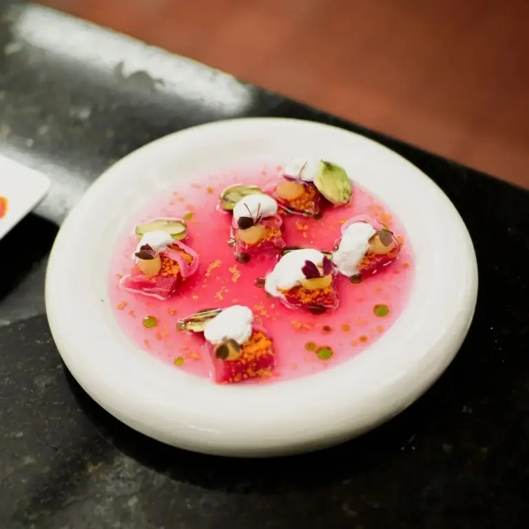 creation thumb for Smoked red tuna ceviche,amaranth,coconut foam,lime gel🌺🐟🥥