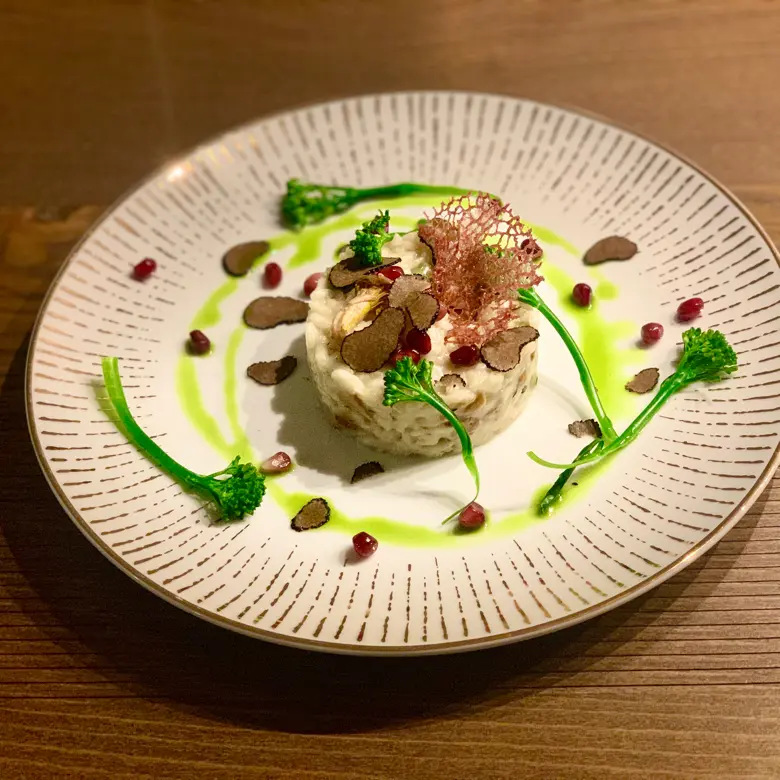 creation thumb for Truffle risotto with beetroot Tuile and mint oil