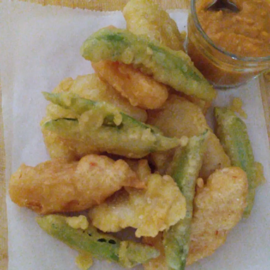 creation thumb for Cod fish and vegetables tempura with romescu sauce.
