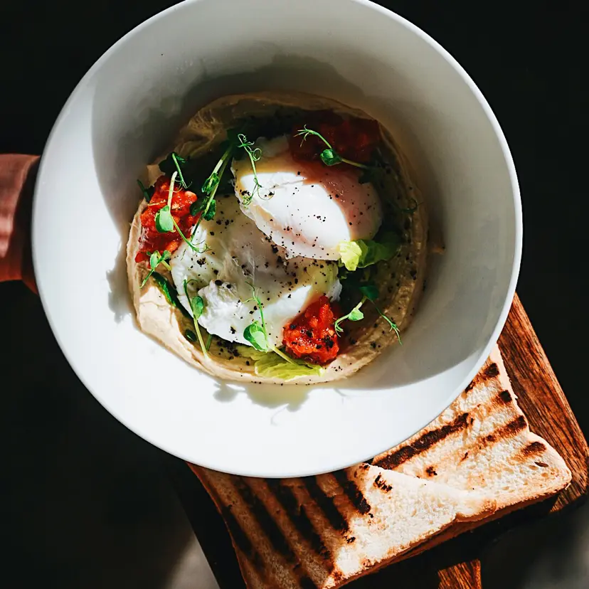 creation thumb for Hummus with tomato jam and poached egg
