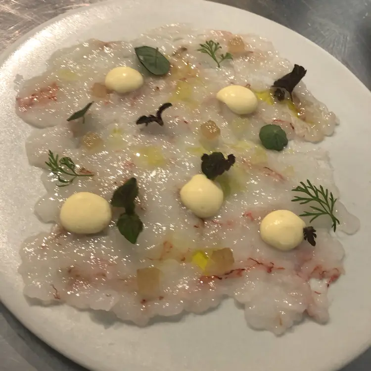 creation thumb for Scampi Carpaccio/Acidulated Cream/Nashi Pears/Citrus Oil