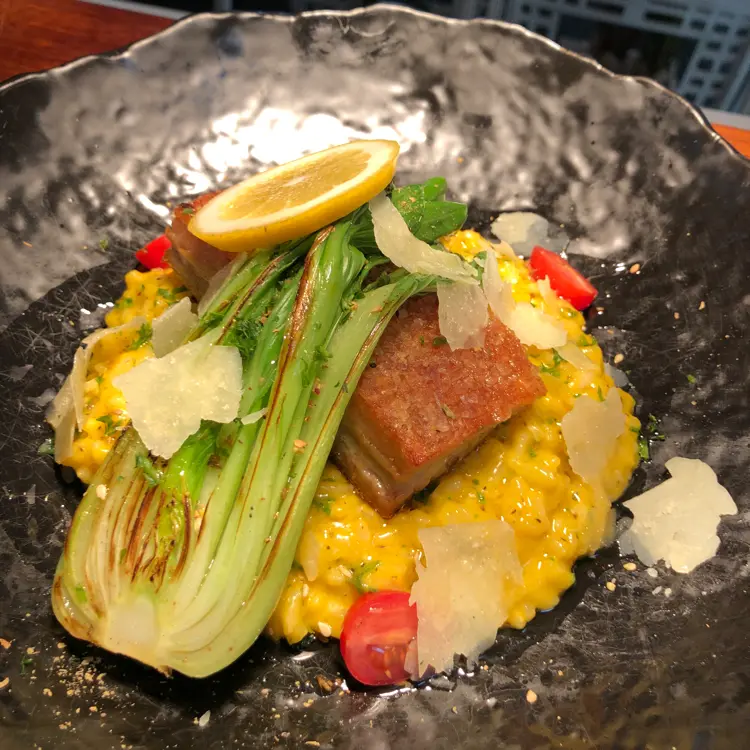 creation thumb for Crispy Pork Belly/Pumpkin Risotto/Burnt Bok Choy