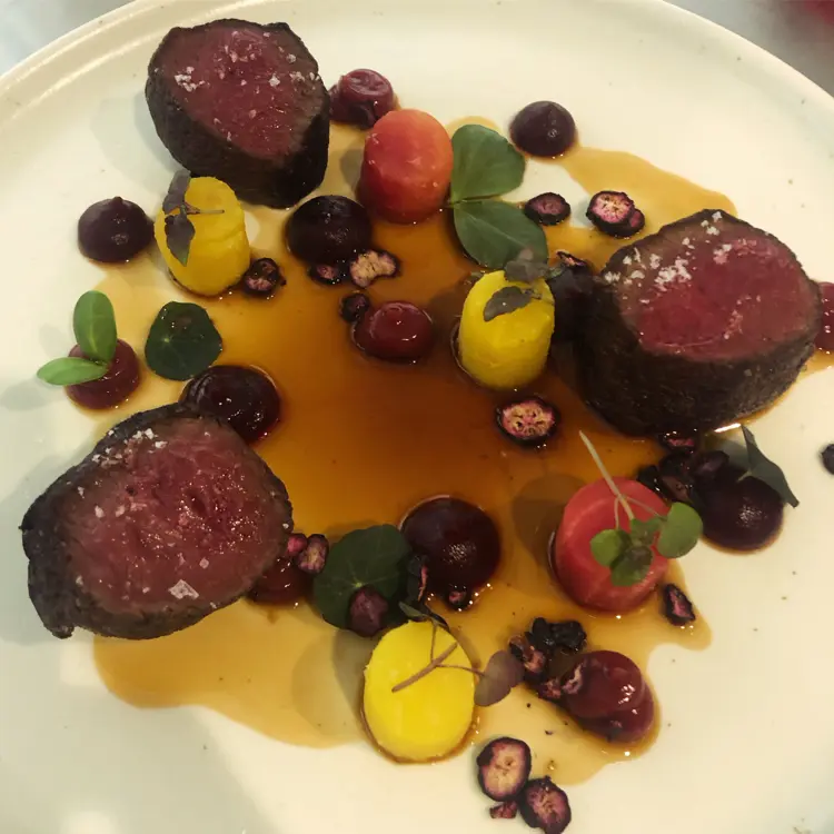 creation thumb for Fiorland Venison Loin/Beetroot Textures/Blueberry Gel/Jus