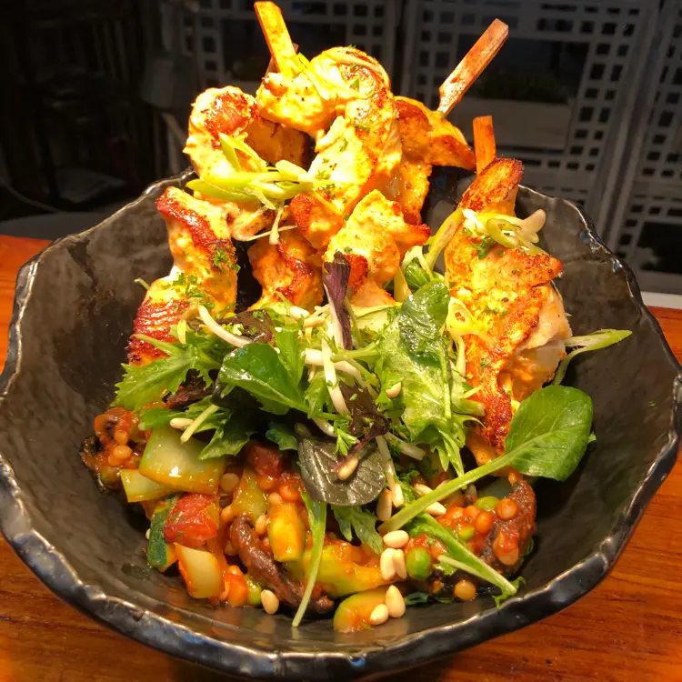 creation thumb for Harissa Chicken Skewers/Israeli Cous-Cous/Tomato Basil Sauce