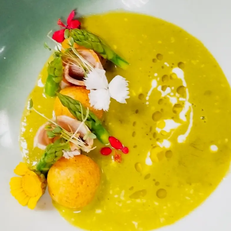 creation thumb for Asparagus soup, parmesan cheese, fried ball