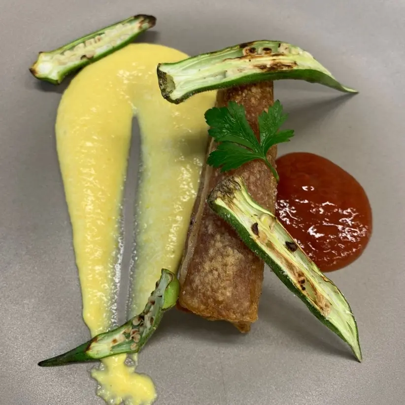creation thumb for pork belly, corn puree, guava ketchup and okra