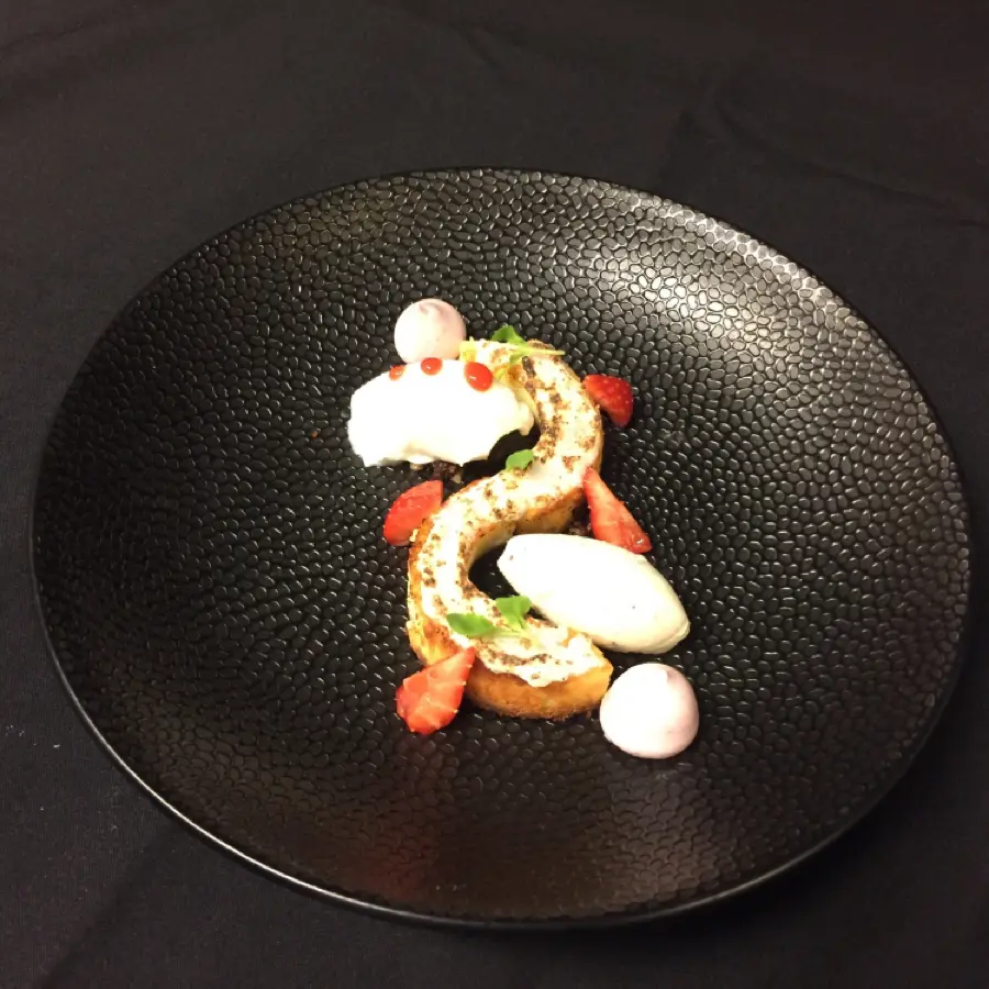 creation thumb for Nuts parfait, Yuzu icecream, white chocolate cheesecake, infused strawberries, strayberry merengue and strawberry gel