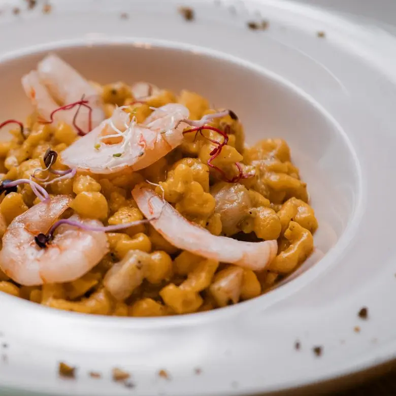 creation thumb for Pumpkin spatzle with pistachio pesto and scampi