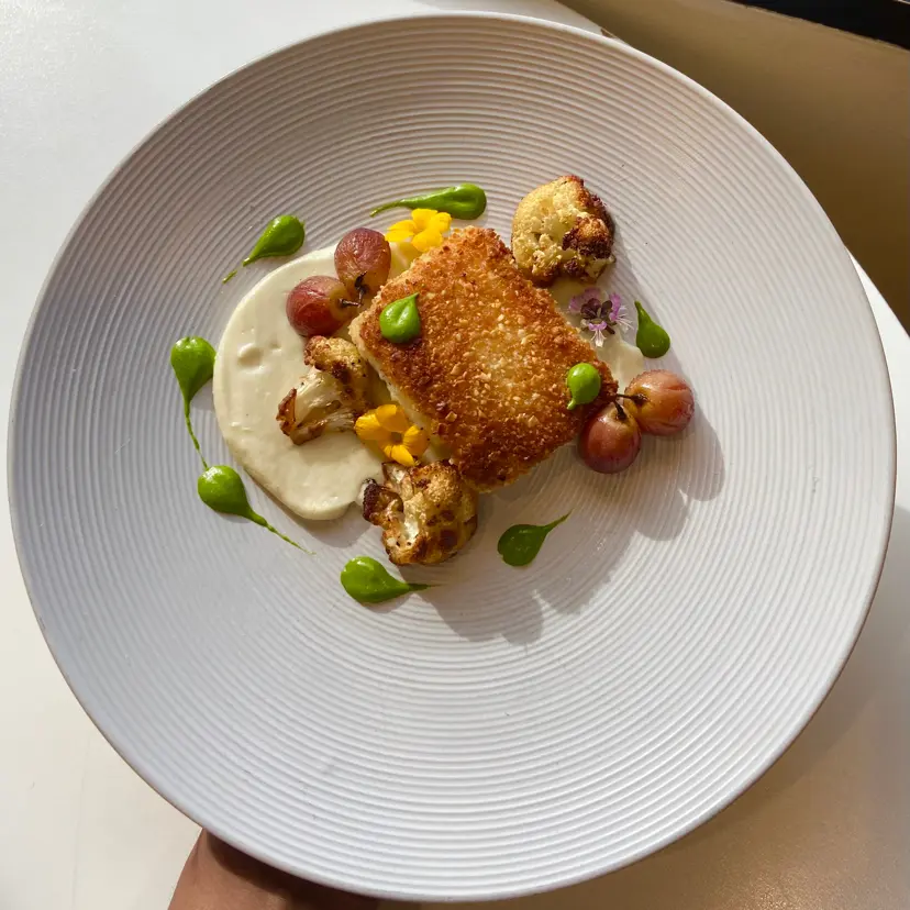 creation thumb for Almond-crusted Flounder with a cauliflower purée & herb pest