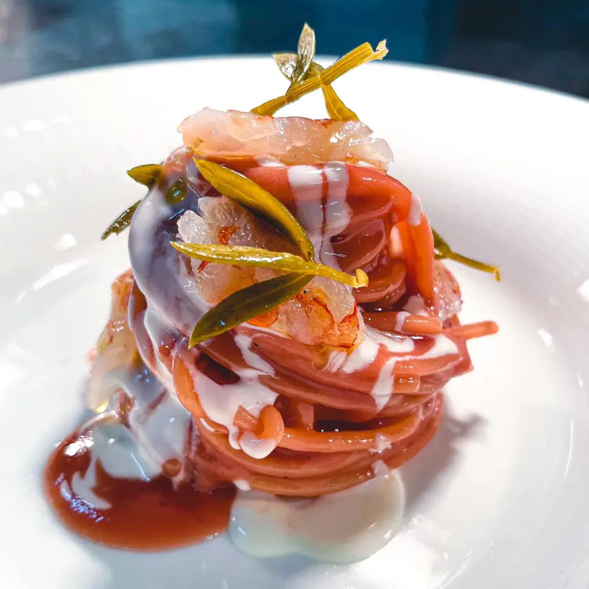 creation thumb for Spaghettoni, bitter, shrimp, pecorino, and fermented salissia