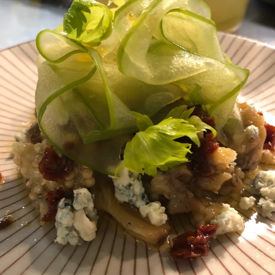 creation thumb for Eggplant “Escalivada” with blue cheese, pine nuts and sundried tomato. Pickled green apple.