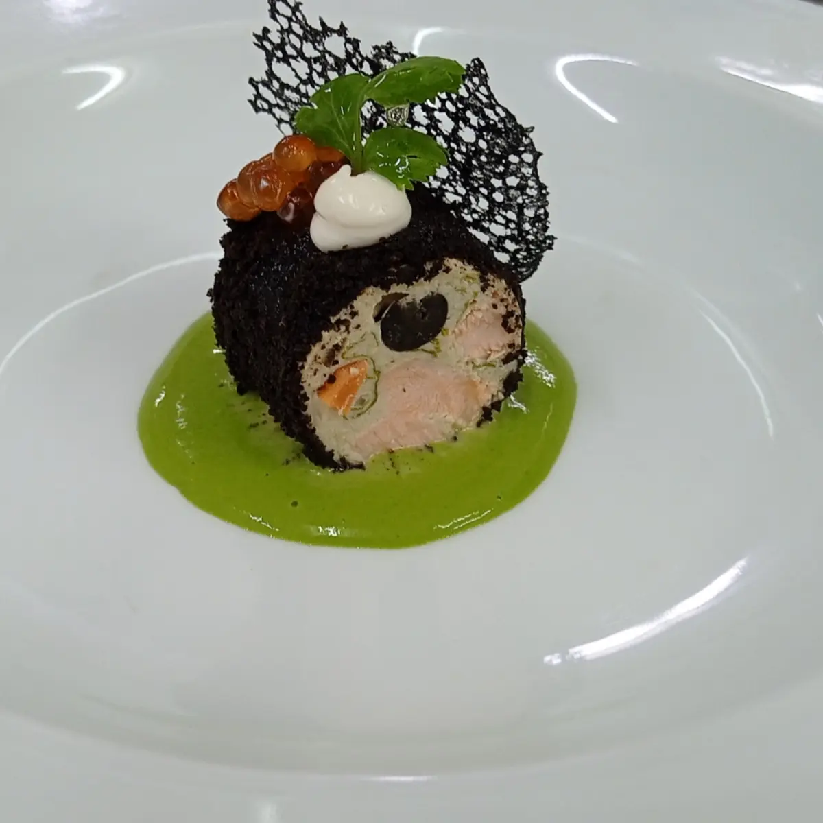 creation thumb for Olive wrapped fish 🐠 terrine with spinach and basil purée, squid ink tulie