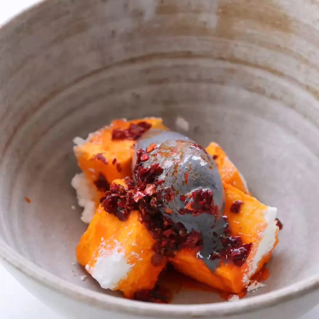 Black Sesame Ice Cream with Marshmallow & Chili Oil Drizzle