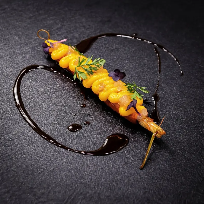 creation thumb for glazed carrot, pickled carrot gel, jasmine gel, sprouts