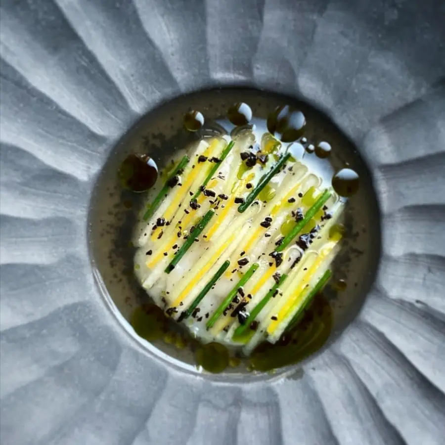 creation thumb for Sashimi of Norwegian Scallops. Preserved Meyer Lemons, Black Radish,  Truffle Dashi