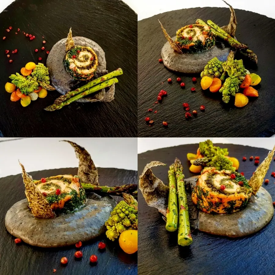 creation thumb for Lachs-Kräuterroulade auf schwarzem Sesam-Erdäpfelpüree und Gemüse