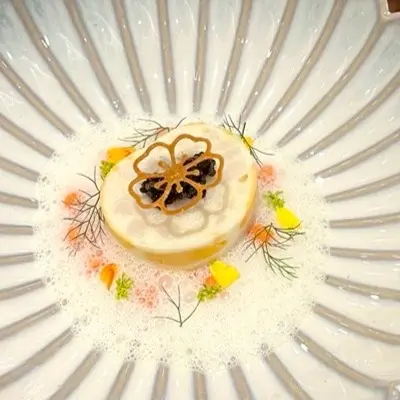 creation thumb for Poached Halibut with Cultured Coconut Scallops & Carrots
