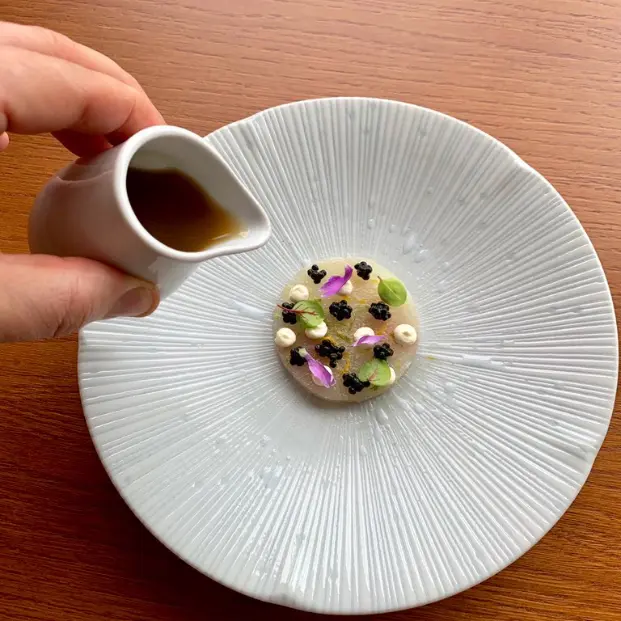 creation thumb for Yuzu Kosho cured halibut, caviar, Creme fraiche and roast chicken