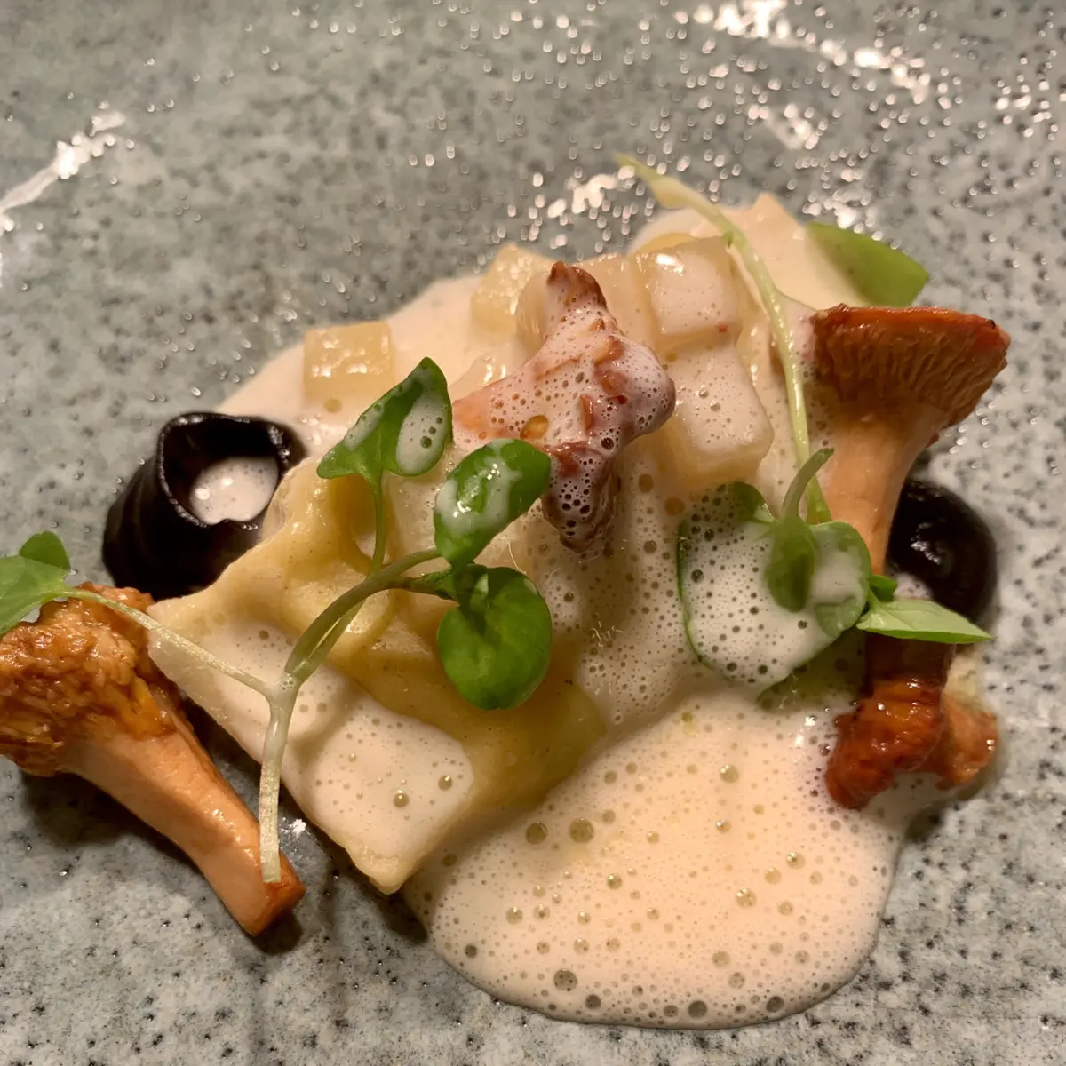 creation thumb for Leek agnolotti, girolles, potatoes, black garlic and cheddar
