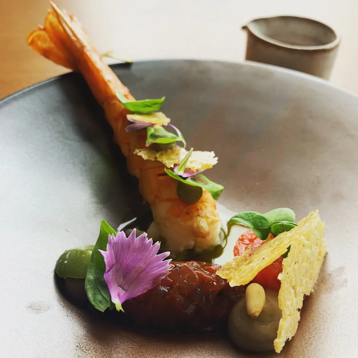creation thumb for Argentinian prawn, letcho broth, basil and Pine kernel