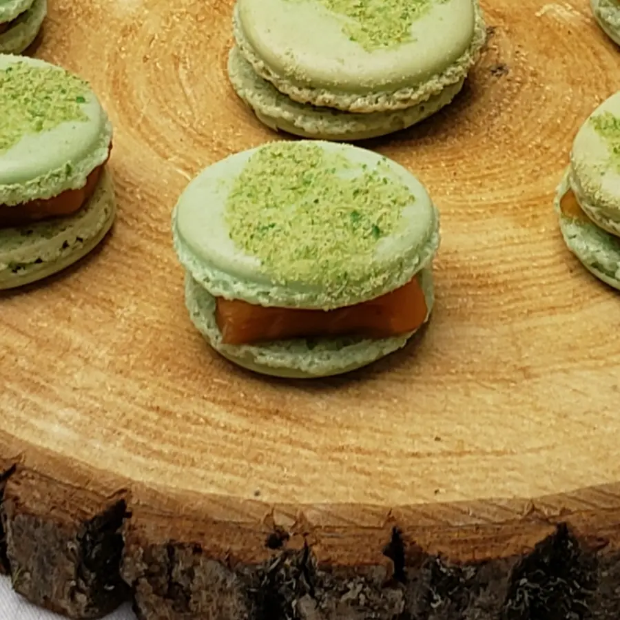 creation thumb for Wasabi pea macarons with gravlax, hone mustard dressing.